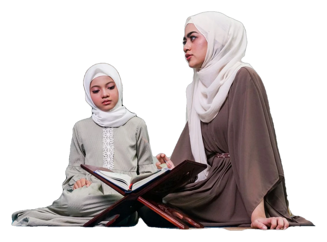 A teacher in hijab reads the Quran with a girl at a low stand